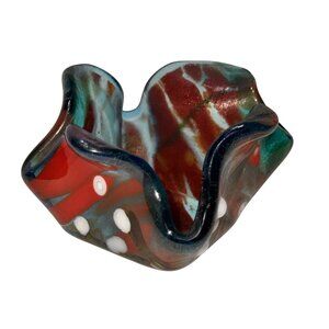 Handcrafted Multicolor Fused Glass Bowl With Abstract Design & Wavy Edges 3"x3"x